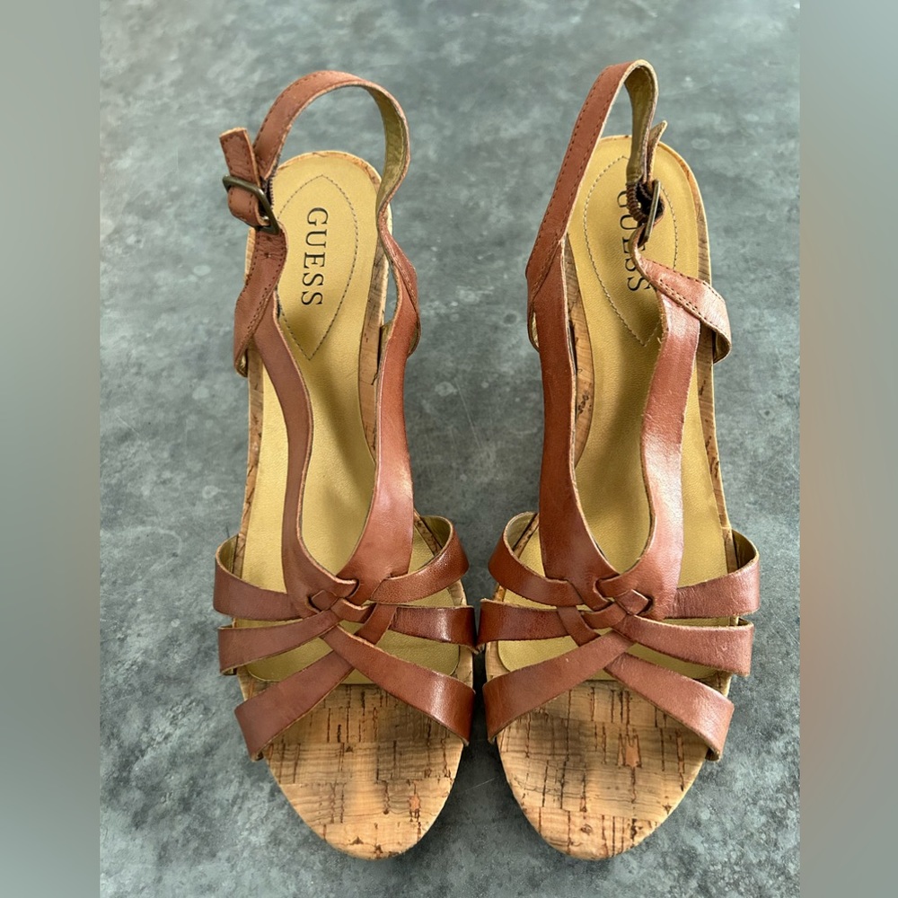 Guess brown leather platform cork wedge sandals espadrilles. Size 9.5